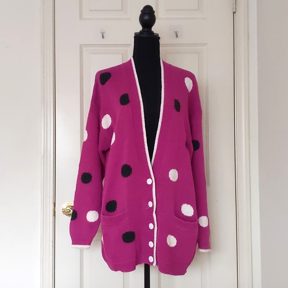 Multicolor Polka Dots Dropped Shoulder Cotton Cardigan Sweater with Pockets. - Picture 1 of 4